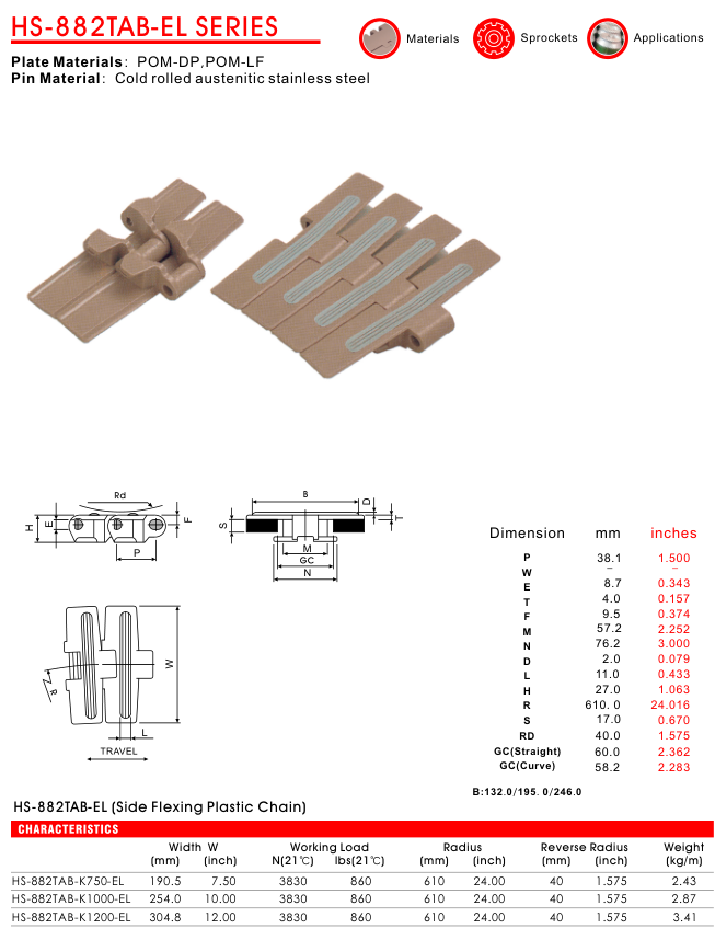 Цепь пластинчатая пластиковая серии HS-882TAB-EL